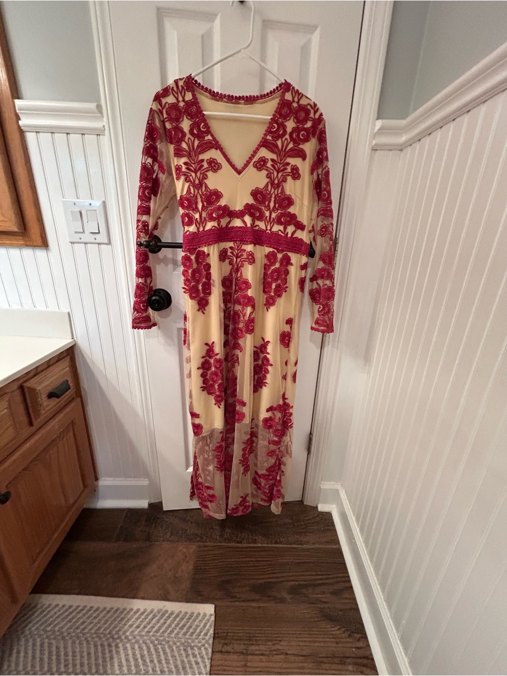 Women's Cream Dress with Red Floral Embroidery